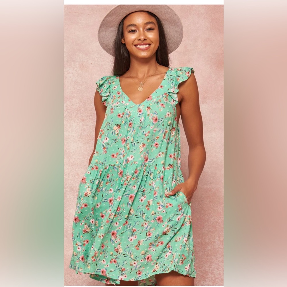 Promesa Floral Print Mini Dress- Mint Floral. Large. NWOT